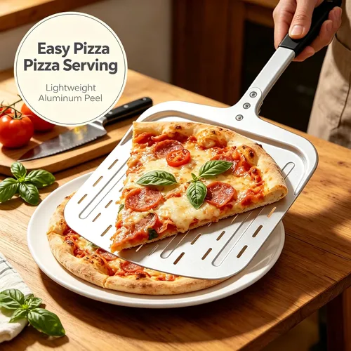 Miniatura 6 de Pala de pizza de 12 pulgadas, pala grande de aluminio para pizza con mango ergonómico largo y superficie antiadherente perforada, accesorios