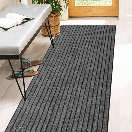 Alfombras de pasillo de 2' x 6' pies con respaldo de goma, alfombras de pasillo de alfombra utilitaria para interiores y exteriores, gris a rayas,
