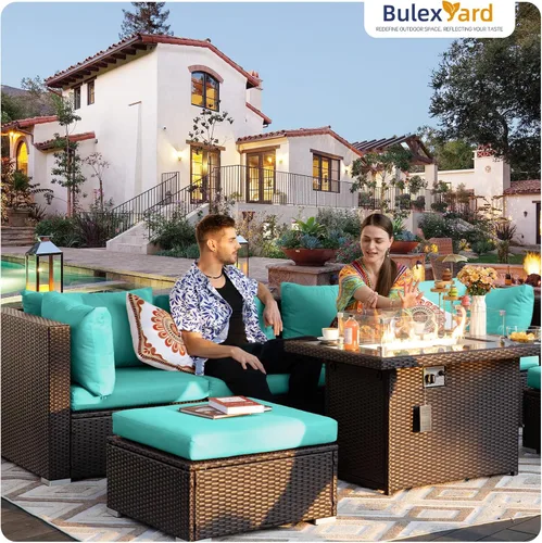 Miniatura 8 de BULEXYARD Juego de muebles de patio de respaldo alto de 7 piezas con mesa de fogata de combustible dual propano/gas natural, sofá seccional