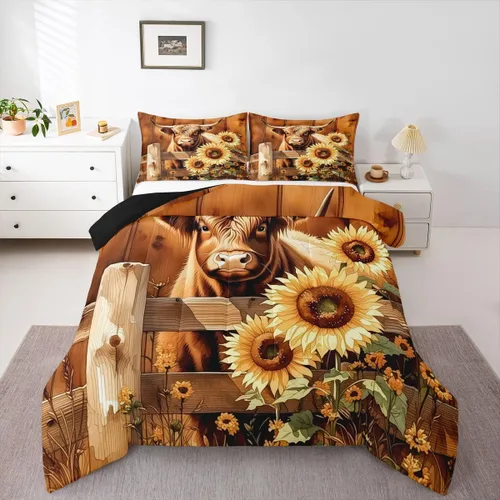 Miniatura 38 de Juego de ropa de cama de vaca de las tierras altas, edredón de ganado de las tierras altas, juego de edredón rosa floral de vaca occidental, juego