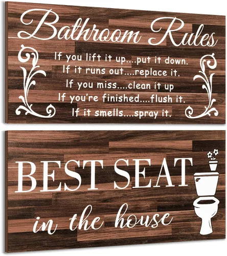 Miniatura 12 de Jetec 2 Piezas Decoración de Pared de Baño, Reglas del Baño, Arte de Pared con Flores, Letreros de Baño Divertidos, Decoración Rústica de Baño