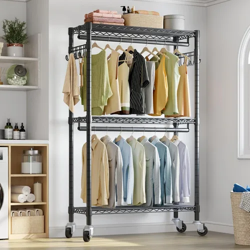 Miniatura 3 de VIPEK R2 Perchero de ropa resistente para colgar ropa, estante de prendas rodante ajustable con barras dobles y ganchos, armario independiente