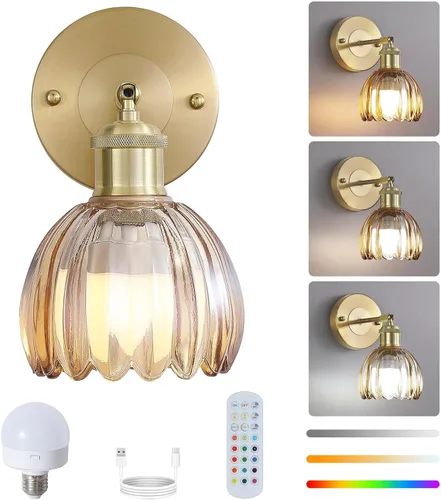 Apliques de pared inalámbricos vintage que funcionan con pilas, luces de pared doradas recargables, pantalla de cristal de tulipán ámbar con