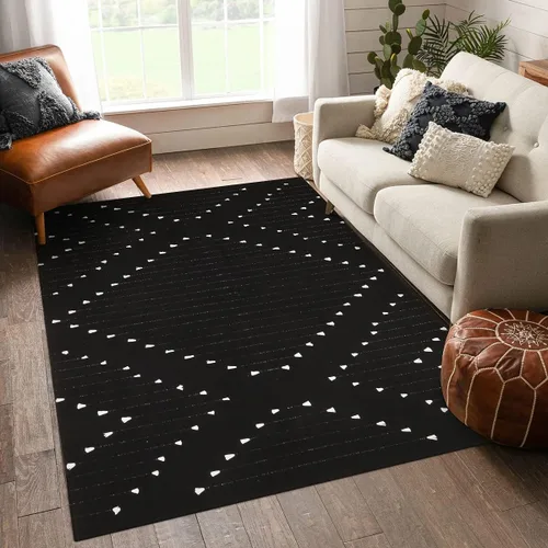 Miniatura 5 de LIVEBOX - Alfombra boho negra de 5 x 7 pies, grande y lavable para sala de estar, alfombra de algodón marroquí para dormitorio, interior y exterior
