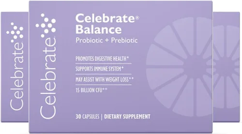 Celebrate Vitamins Balance Probiotic + Prebiotic - Suplemento diario post cirugía bariátrica para mujeres y hombres, 28.5 mil millones de UFC, apoya