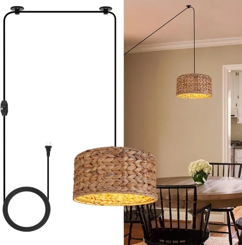 Miniatura 9 de HuisMier Lámpara Colgante de Ratán con Enchufe, Luz Colgante de 15 Pies con Pantalla de Cesta Tejida de Mimbre, Lámpara Colgante Bohemia Regulable