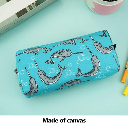 Miniatura 5 de LParkin Lindo Narwhal lona lápiz caso pluma bolsa bolsa estacionaria gadget maquillaje cosméticos bolsa caja