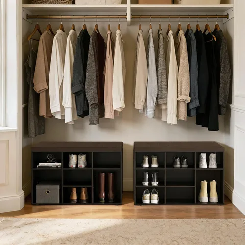 Miniatura 8 de DINZI LVJ Banco para zapatos, organizador de zapatos de 9 compartimentos para entrada, banco de almacenamiento con cojín, estante para zapatos