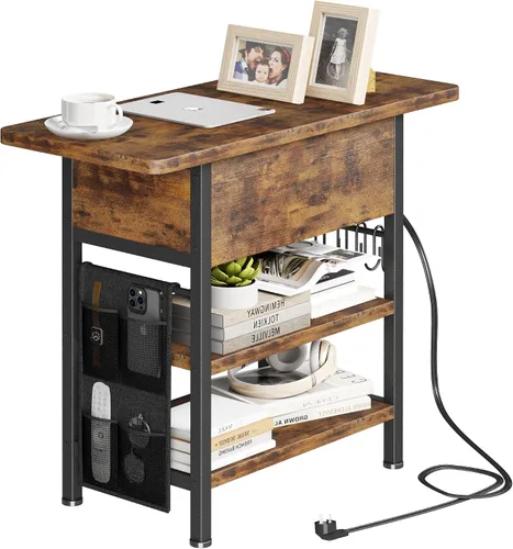 Miniatura 9 de Mesa auxiliar con estación de carga, mesita de noche abatible con puertos USB y tomas, mesa auxiliar de sofá con bolsa de tela y ganchos, mesita