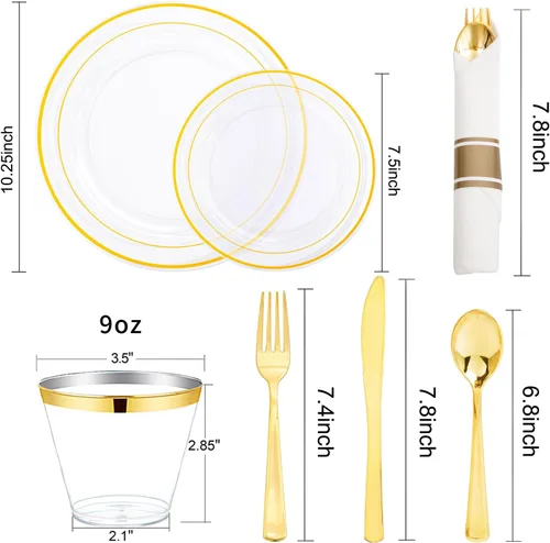 Miniatura 2 de WELLIFE 350 platos de plástico dorado transparente, 100 platos desechables, 150 cubiertos de plástico, 50 tazas, 50 servilletas para bodas y fiestas