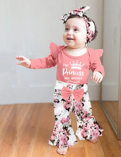 Miniatura 2 de ADIFUN Ropa de bebé niña, 4 piezas de trajes de niña recién nacida, mameluco con volantes, parte inferior acampanada, diadema, bandana, conjuntos