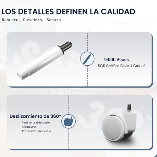 Miniatura 8 de Misolant Silla de tocador con respaldo, pequeña silla de oficina sin brazos con ruedas y soporte lumbar, cómodas sillas de escritorio de piel Blanco