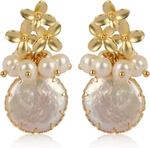 ELEXIS Aretes colgantes de oro de 18 quilates con perlas grandes y barrocas blancas para mujer, hechos a mano, cómodos, de agua dulce, estéticos,