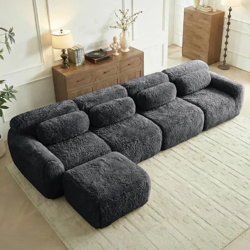 Miniatura 11 de Sofás de nube sin hueso de 80.4 pulgadas, tela de felpa suave y esponjosa, sofá cama modular con 2 otomanas, sofás de dos plazas de chocolate,