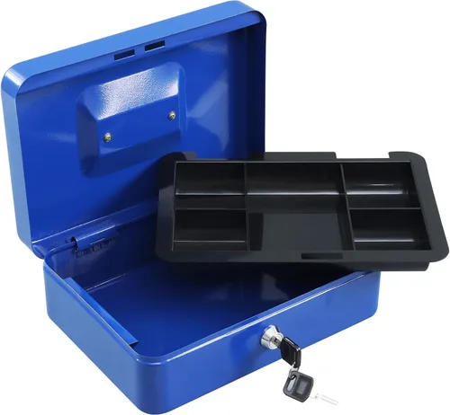 Miniatura 2 de xydled Caja fuerte grande de acero con cerradura con bandeja extraíble para monedas y cerradura de llave, 9.84"x 7.87"x 3.54" pulgadas, azul