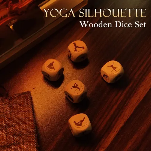 Miniatura 7 de Juego de 5 dados de madera para yoga, grabado con láser, diseño de silueta de yoga, regalo para mujeres yoguis