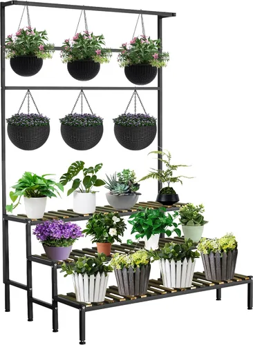 Miniatura 8 de Soporte colgante de 3 niveles para plantas interiores, estante de metal de 68 pulgadas de alto para múltiples plantas de interior, soporte grande