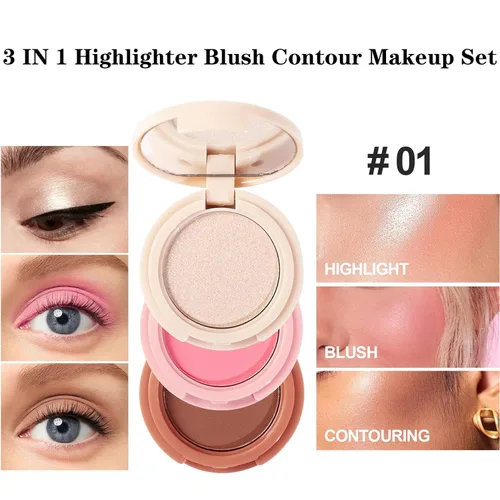 Miniatura 2 de Trío mezclable 3 en 1, paleta de maquillaje de contorno y rubor, bronceador crema, rubor en polvo suave y sedoso, polvo de maquillaje iluminador 01