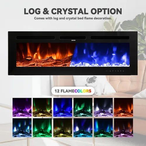 Miniatura 6 de Chimenea eléctrica montada en la pared y empotrada de 60 pulgadas con control remoto temporizador de 8 horas, 12 llamas, pantalla táctil, calentador