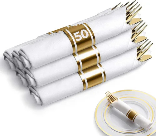 Juegos de Cubiertos de Plástico Preenrollados para Fiestas (Paquete de 50) Juego de Cubiertos Dorados, Cucharas Desechables, Tenedores, Cuchillos,
