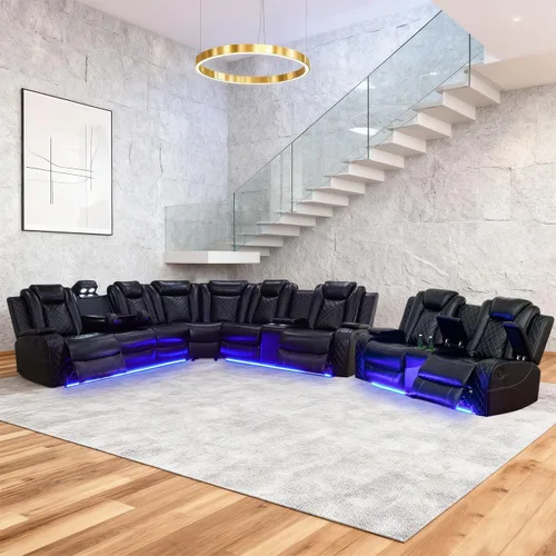 Miniatura 26 de Juego de sofá modular reclinable eléctrico para sala de estar, juego de sofá reclinable de cuero con luces LED / almacenamiento oculto, sofá