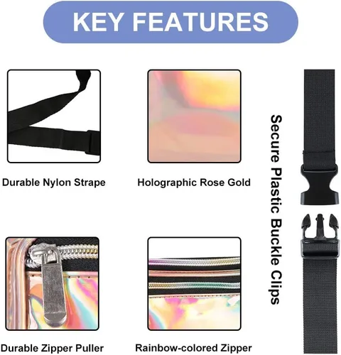 Miniatura 3 de Riñonera holográfica: bolsa de cintura rave de moda con cinturón ajustable para mujeres y hombres, Oro rosa holográfico., talla única