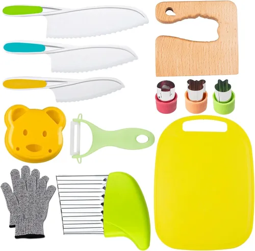 Leking 13 piezas de cuchillos de cocina de madera para niños, juego de cuchillos para niños con guantes, tabla de cortar, cortador de sándwiches de