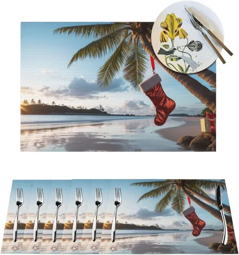 Juego de 6 manteles individuales de PVC con diseño de palmera de Feliz Navidad, antideslizantes, 12 x 18 pulgadas, juego de manteles individuales