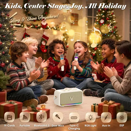 Miniatura 3 de Máquina de karaoke con 2 micrófonos inalámbricos y envoltura de cuero suave Mini altavoz Bluetooth portátil con 5 modos de cambio de voz