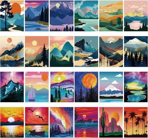 Miniatura 10 de Sherr Juego de 24 lienzos predibujados para pintar para adultos, lienzo preimpreso a granel, sorbo y kit de pintura, paneles estirados, juego