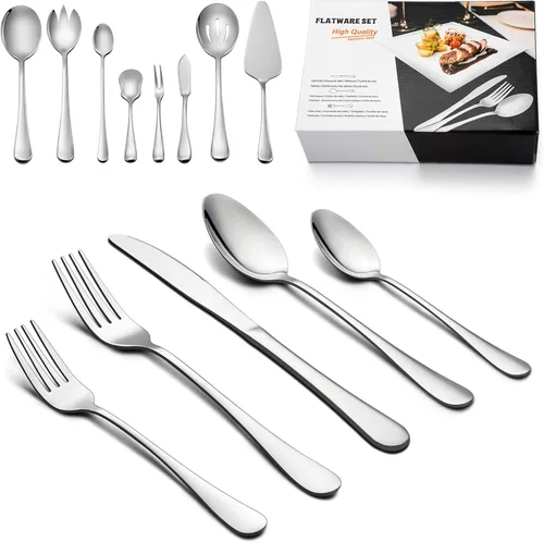 LIANYU Juego de cubiertos de 48 piezas con utensilios para servir, juego de cubiertos para 8, incluye cuchillos, cucharas y tenedores, utensilios de