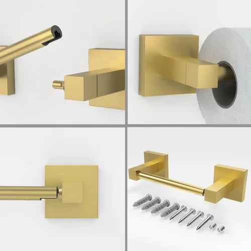 Miniatura 4 de Ruacq Soporte de papel higiénico dorado con doble poste pivotante cuadrado, soporte para rollo, soporte de papel higiénico dorado cepillado, acero