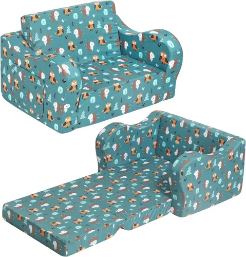 MOMCAYWEX Sofá para niños, sofá de espuma abatible 2 en 1, silla plegable suave para juegos, verde azulado