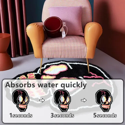 Miniatura 6 de Alfombra de baño negra con diseño de dibujos animados, diseño de calavera divertida, tapete de baño de microfibra, suave, grande, de bienvenida