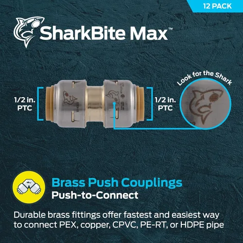 Miniatura 2 de SharkBite Max Acoplamiento de 1/2 Pulgada, Fabricado en los Estados Unidos, Paquete de 12, Accesorio de Plomería de Latón Push to Connect, UR008
