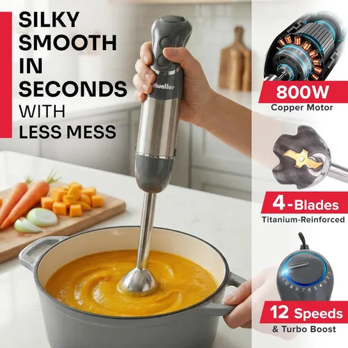 Miniatura 2 de Mueller Multistick - Licuadora de inmersión 5 en 1 de mano, 12 velocidades, mezclador de mano con impulso Turbo, motor de cobre de servicio pesado