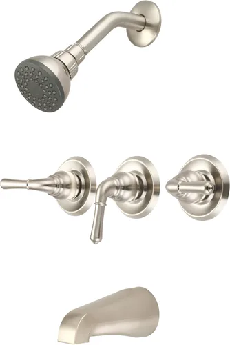 Olympia Faucets P-3230-BN Juego de bañera/ducha de tres manijas, acabado de níquel cepillado PVD resistente al deslustre