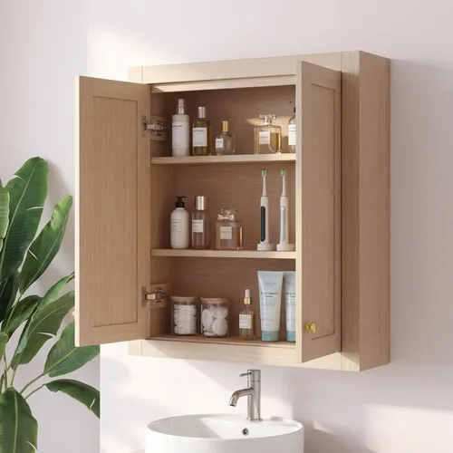 Miniatura 15 de Armario de pared de baño sobre el inodoro, armario de almacenamiento de 2 puertas montado en la pared, botiquín de madera con estantes ajustables