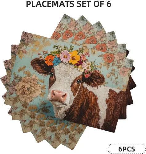 Miniatura 2 de Juego de 6 manteles individuales de vaca de granja, lavables, diseño floral de vaca de primavera, resistentes al calor, de algodón, lino, para mesa