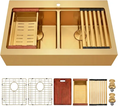Miniatura 31 de LQS Fregadero de cocina dorado de 32 x 18 pulgadas, fregaderos de cocina empotrados, fregaderos de acero inoxidable de doble tazón 50/50