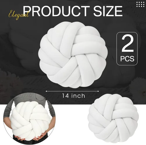 Miniatura 2 de Fumete 2 Piezas Almohadas de Nudo Redondas de 14 Pulgadas Almohada de Bola de Nudo de Felpa Suave Hecha a Mano Anudada Cojín Decorativo Moderno