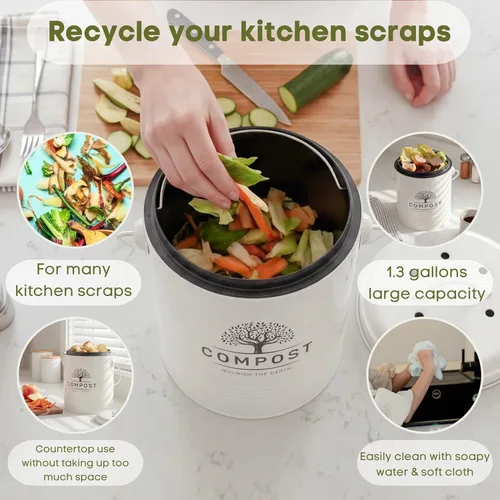 Miniatura 3 de Perfnique Contenedor de compost de cocina, contenedor de compostaje para encimera de 1.3 galones con tapa, cubo de compost interior incluye forro