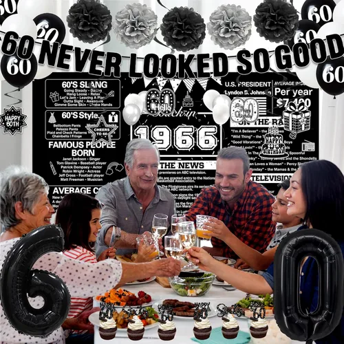 Miniatura 4 de Crenics Decoraciones de 60 cumpleaños en negro para hombres y mujeres - Telón de fondo de 1966, pancarta, pompones de papel, espirales colgantes