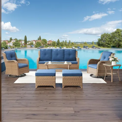 Miniatura 15 de HUMMUH Sillas Mecedoras Giratorias de Mimbre para Patio Exterior con Respaldo Alto, Sillas Deslizantes de Ratán PE, Juego de Muebles de Patio de 4