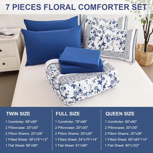 Miniatura 7 de Dobuyly Floral Comforter Twin Size Set, 5 Piece Bed in a Bag Blue Flowers on White Botanical Bedding Set, Soft Microfiber Bedding Comforter Sets for
