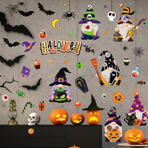 Miniatura 7 de Whaline Decoración de pared de gnomo de Halloween, gnomo, murciélago, araña, calabaza, calcomanías de pared, lindas calcomanías de arte extraíbles