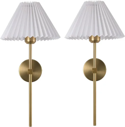Miniatura 6 de KELUOLY Apliques de Pared Juego de 2 Pantalla de Tela Blanca Lámpara de Pared Dorada Soporte de Ménsula de Columna Iluminación de Pared Baño Tocador