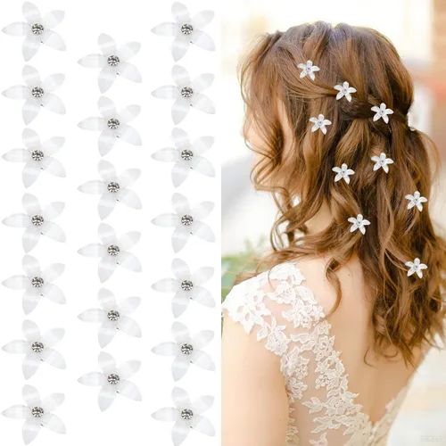 Wecoe Pinzas para el cabello decorativas blancas pequeñas con flores para mujer, 20 piezas de lindos accesorios para el cabello, juego de regalo