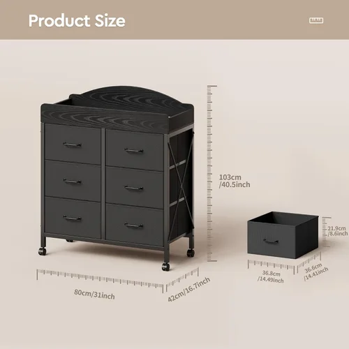 Miniatura 5 de Yetom Cómoda Cambiador de Bebé con Ruedas, Cómoda para Bebé con 6 Cajones de Tela con Superficie de Cambio, Estación de Cambio de Pañales Negro