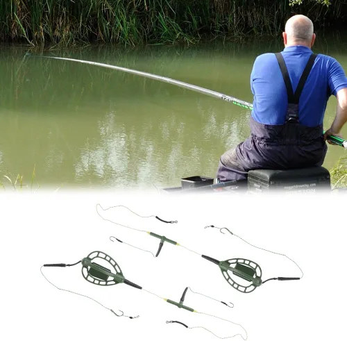 Miniatura 5 de Alimentador de jaula de cebo de pesca de carpa con plataformas de gancho de alambre, dispositivo de trampa de anidación de línea larga